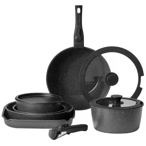 SucceBuy 17 Pcs Nonstick Cookware Set Granite Pots and Pans Set Induction Cookwares Kitchen Cooking 