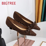 BIGTREE Women's Suede Shoes 3683-H81 - French Bowknot, Low Wedge Heel, Pointed Toe