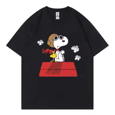 Snoopy Black Women T-shirt Summer 2025 New Short Sleeve 100% Cotton Men Women Tee Shirt Tops Cartoon