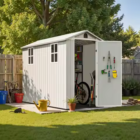 4x8 FT Plastic Outdoor Storage Shed with Floor Windows Lockable Door Garden Backyard Lawn Easy Insta