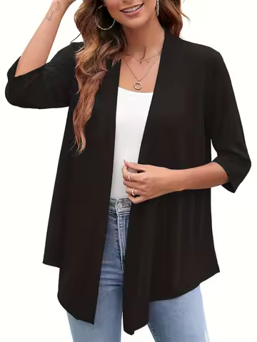 Plus Size Women's Lightweight Open Front Cardigan - Casual 3/4 Sleeve Soft Drape Versatile Fashion O
