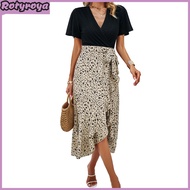 Womens Ruffle Irregular Hem Midi Dress Short Sleeve V-Neck Printed Wrap Dress Summer Beach Wedding G