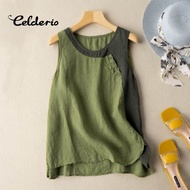 Celderio Women Vest Tank Vintage Causal Summer Cotton Linen Sleeveless O-Neck Top