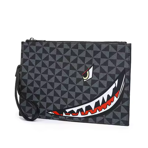 2026 New Men's Business Casual Clutch Bag Fashion Shark Print Envelope Bag Wallet Phone Bag Large Ca