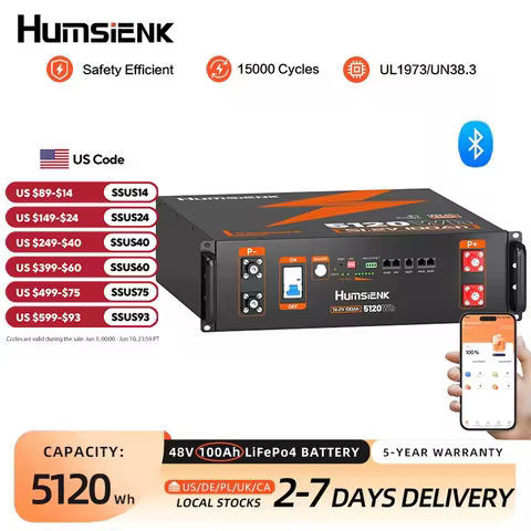 Humsienk 48V 100AH Server Rack LiFePO4 Battery 3U Size With Bluetooth 100A BMS 15000 Cycles For Inve