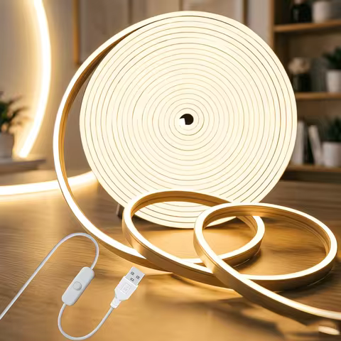 1 Led Flexible Neon Light Strip with Low Voltage 5V and Button Switch, USB Powered, White/Warm Light