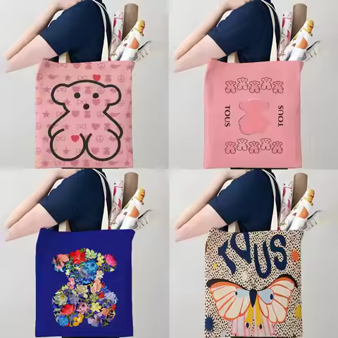 CRAFTED WITLOVE T-tous Storage Bags Canvas Double-Sided Print Tote Bag Large Capacity Shoulder Fashi