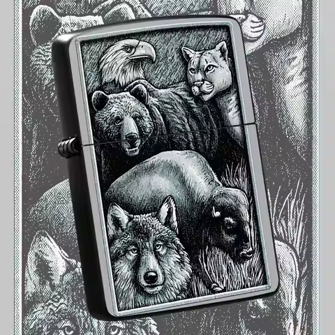 Vintage Etched Wildlife Lighter Featuring Bald Eagle BEAR Mountain Lion Bison Wolf Art Pattern Suita
