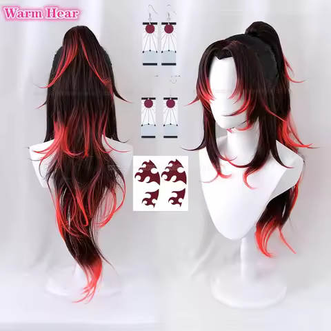 80cm Long Tsugikuni Yoriichi Synthetic Anime Black Red Wig Cosplay Anime Wig Heat Resistant Hair Hal