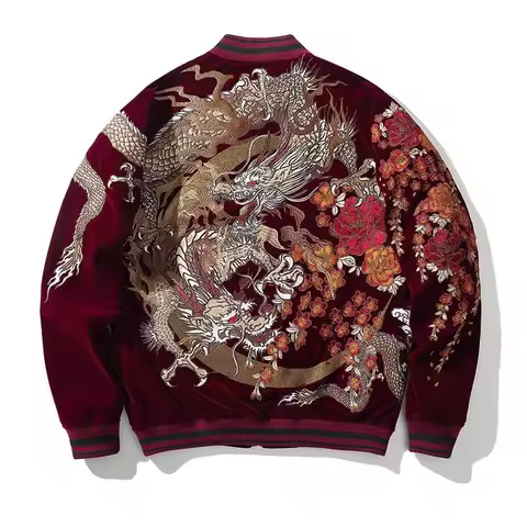 Boy Men Sukajan Souvenir Jackets Coiled Dragon Peony Embroidered Loose Coats Hip Hop Streetwear Red