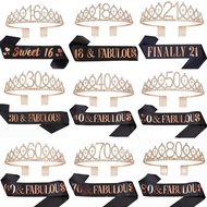 16th, 18th, 21st, 30th, 40th, 50th, 60th, 70th, 80th Birthday Crown + Belt + Pin Set, Elegant Gift f