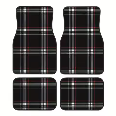 4pcs Black Tartan With Red And White Stripes Car Floor Mats, Durable, Fit For Cars, Ideal Halloween&