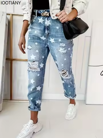 New Boyfriend Jeans Women's Slim Fit Ripped Jeans Fashion Women's Five-pointed Star Ripped Jeans Str