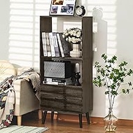 LELELINKY Open Bookshelf, 3 Tier Black Mid Century Modern Book Shelf with Drawers and Legs, Wood Bookcase with Storage Organizer Shelves for Bedroom, Living Room, Office