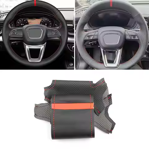 Car Steering Wheel Cover Perforated Leather Trim Red Line Bar For Audi O Shape A3 S3 8Y A4 S4 B9 A5 