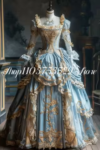 Blue Dream Victoria Prom Dress Luxurious Square Neck Lace Satin Embroidered Long Dress Renaissance P