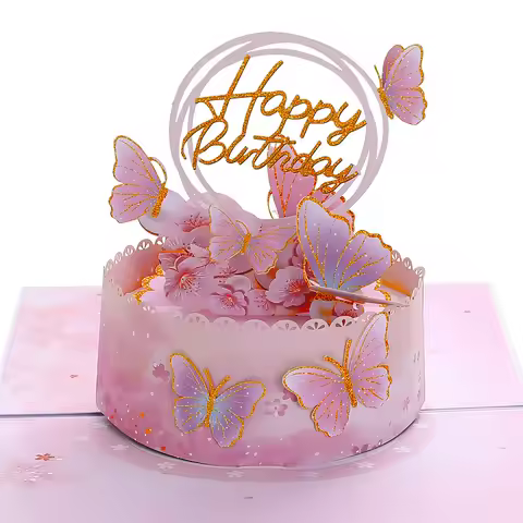 ​Birthday Pop Up Card: 3D Butterfly Cake & Cherry Blossom Design with Envelope​