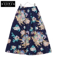 薄荷綠藏藍色花朵絨球印花迷你抓絨喇叭長裙（未標示尺寸）[二手]