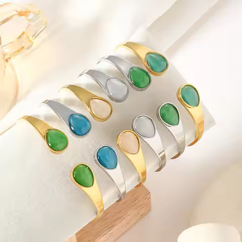 2025 Newest Titanium Steel Green/Blue/White Natural Stone Cuff Bracelets Crystal Jade Open Bangles W
