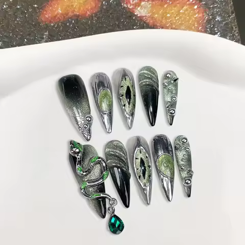 Handmade Press on Nails Snake Eyes Dark Style False Nails Long Pointed Punk Heavy Metal European Fal