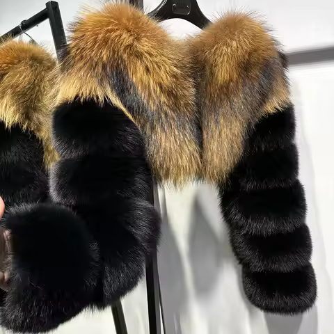 YOLOAgain Real Fox Fur Jacket Women Natural Raccon Fur Cropped Jacket 2025 Winter