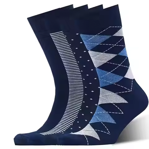1 Pairs Mens Blue Cool Argyle Dress Socks High Quality Combed Crew Stripe Socks Blue Breathable Casu