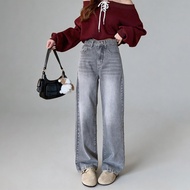 New light gray straight-leg jeans for women, fashionable retro style, high-waisted, loose wide-leg p