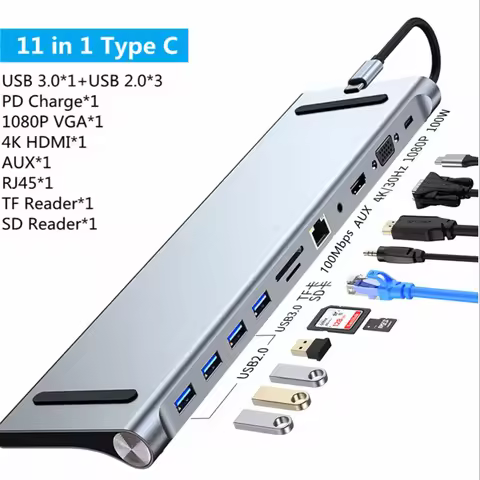 8/11/12-in-1 Type C Dock USB C Hub 3.0 Splitter Multiport Adapter 4K HDMI RJ45 SD/TF VGA HDMI PD for