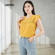 Lovito Blaus Wanita Kuning Renda Jacquard Musim Bunga/Musim Panas Gaya Santai L134ED448