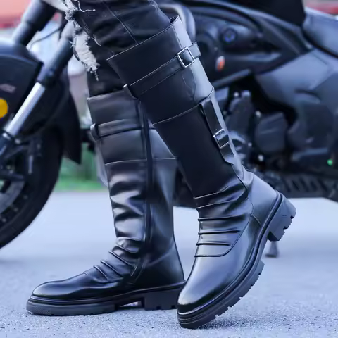 Riding Knight Boots Versatile Engineer Boots Buckle Strap Retro Men Genuine Leather British Long Che