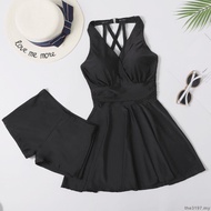 【Ready stock】Swimsuit feminine Korean version泳衣女黑色泡温泉保守显瘦遮肚性感韩国连体裙式大码泳装cfg nixianemee03.my1011