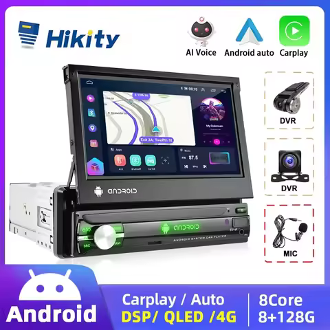 Hikity Android 1 Din Car Radio Carplay 7" Retractable Screen Multimedia Video Player Universal Car A