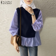 ZANZEA เสื้อผู้หญิงมุสลิมลายทางแขนพองใส่ทำงานเสื้อเสื้อออฟฟิศ
