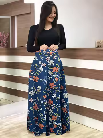 Long Printed Dress with Large Swing round Neck Design Elegant Women's Maxi Dress