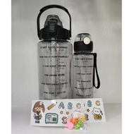 2000ML 2L + 850ml 2in1 Motivational Water Bottle W/ Time Marker Straw BPA Free Locking Flip Flop Lid