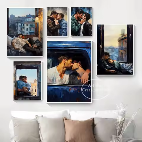 Gay Couple Kiss Romantic Poster Gay Prints Canvas Oil Painting Wall Art Pictures Living Room Bedroom
