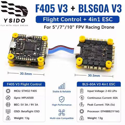 YSIDO F405 V3 Flight Control BLS60A 4in1 ESC Stack 2-6S Lipo For RC Mark4 5in 7in 10in FPV Racing Dr