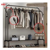 ASOTV 0015 Single Double Clothes Rack Strong Steel With Wheels Rak Baju Besi Penyangkut Baju Beroda 