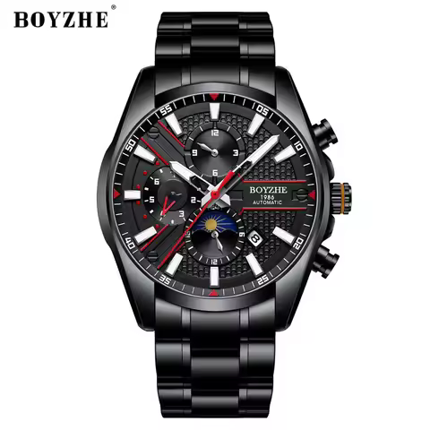 BOYZHE Top Brand Luxury Stainless Steel Mechanical Watch Men Military Sport Waterproof Luminous Week