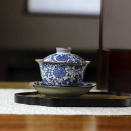 Jingdezhen Pottery Clay Twisted Branch Lotus Ingot Gaiwan Sancai Blue White Tea Gaiwan Kung Fu Tea S