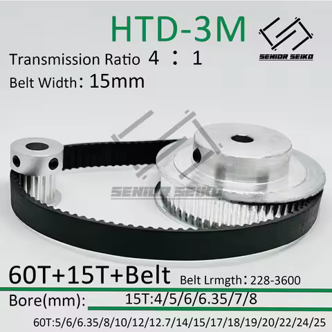 HTD3M 60Teeth 15T 15Teeth 60T Timing Pulley Belt Set Belt Width 15mm Bore 4~25mm Reduction 4:1 3M Pu