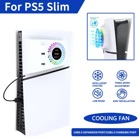 For PS5 Slim Disc Drive/ Digital Edition Cooling Fan With RGB Light/Adjustable Wind Speed/Three Wind