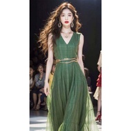 MINT Mambo gió ca rô xanh lá cây váy phụ nữ không tay cà phê phá vỡ Chân Váy Dài pháp