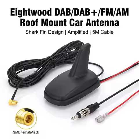 Eightwood Car DAB+FM Radio Antenna Shark Fin Roof Mount Aerial with Amplifier SMB Connector for Blau