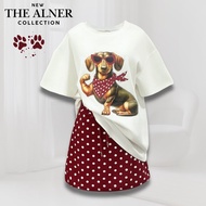 Thealner-AN355 (White T-Shirt Set Short Sleeves Dog Pattern Tie Fabric + Red Polka Dot Skirt)