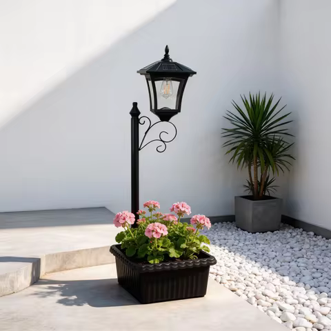 Lights Outdoor Solar Garden Solar Lamp Post Lights with Planter Box Outdoor, Waterproof Vintage Sola