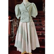 Oct03-Handwoven Cotton Set Hawaiian Collar Shirt Flared Skirt LINLANA Brand New Bust 34 Waist 28 (Ca