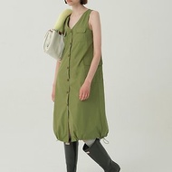 ECRU SOLI素白已然日系露營風戶外感v領寬鬆復古軍綠背心裙