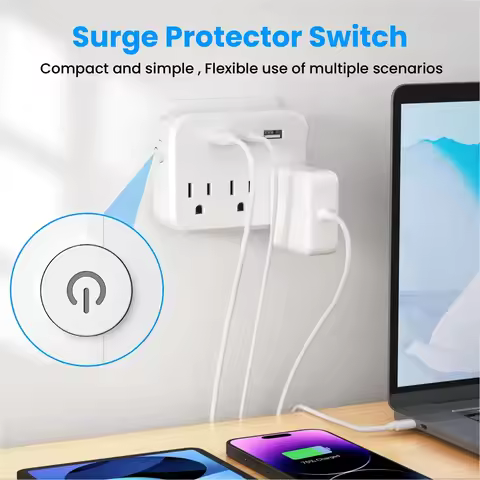 6-in-1 Multifunctional Surge Protector Power Strip 3 Sockets 2 USB Ports 1 Type C Port White USA Plu