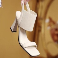 【Focus】รองเท้าส้นสูง ส้นหนา (รุ่นA187) รุ่นสวมข้อ เปิดนิ้วเท้า สูง3.55 นิ้ว สีน้ำตาล/Cream แบบเรียบง